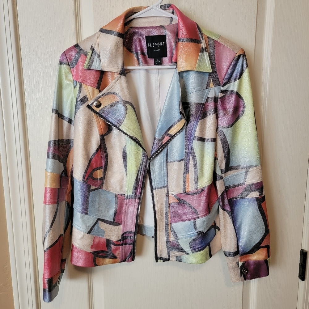 Insight Pastel Multicolor Abstract Leather Moto Jacket